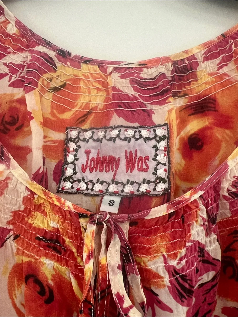 Johnny Was Pink, Orange & Yellow Floral Peasant Blouse